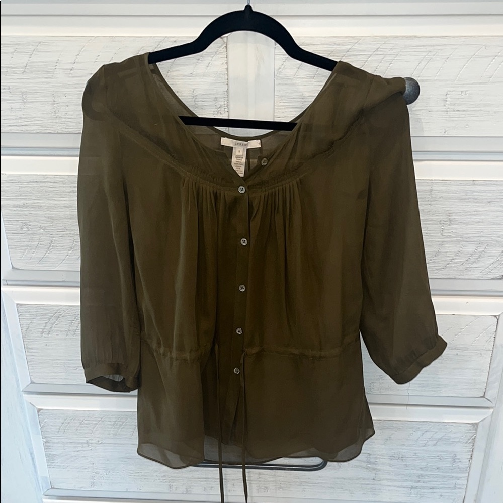 Green 3/4 Sleeve Blouse with Bib Collar and Tie Front